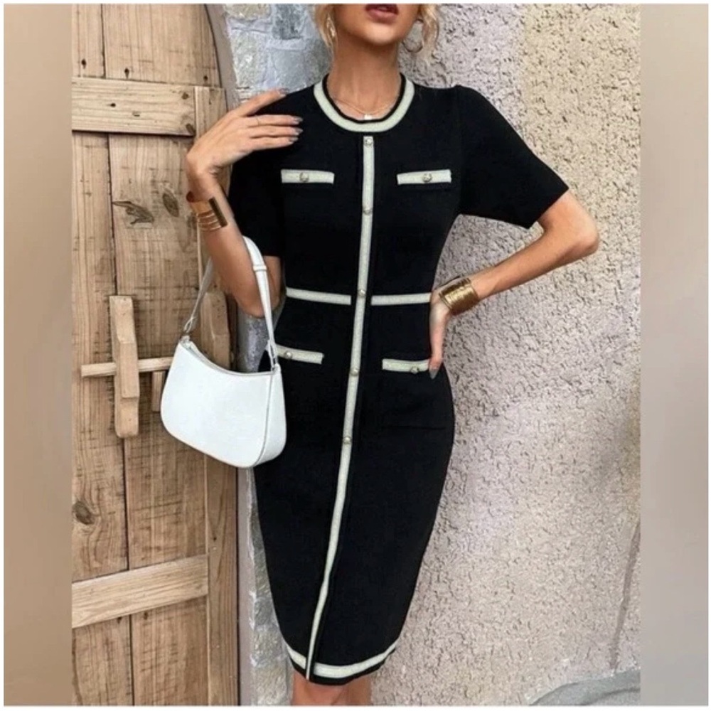 Chic Black and Cream Midi Dress